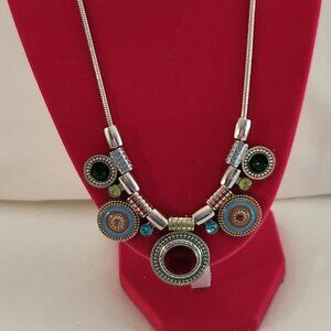 Colorful silver tone necklace green red blue costume NIP